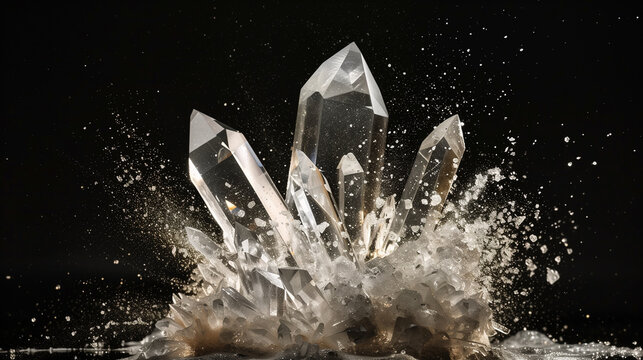 Stunning clear quartz isolated on black background. Mineral on plain background. 