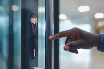 African man uses a finger scanner to unlock a glass door in an office building