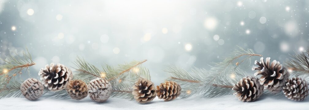 christmas wooden background with pine cones