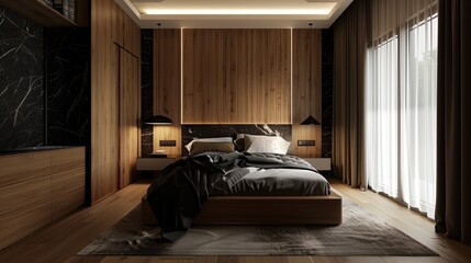 Sleek cityscape meets serene sleep: a bedroom where marble's cool touch and wood's warmth converge.