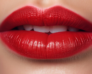 Obraz premium Sensual red lips closeup, glossy lipstick makeup, beauty concept
