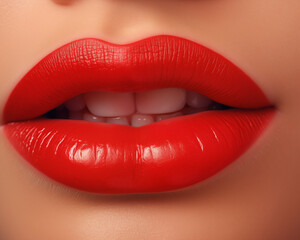 Obraz premium Glossy red lips closeup, detailed makeup and beauty shot