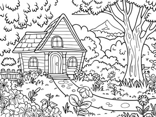 Coloring book, children, house in the forest, yard, lawn and flowers. Raster, generative ai.