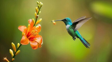 Green Purple-eared Hummingbird, (Colibri thalassinus), drinking flower nectar while flying in the forest