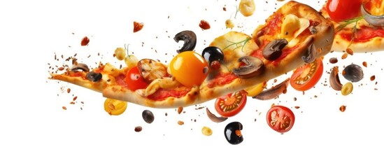 Obraz na płótnie Canvas delicious pizza ingredients flying on white background