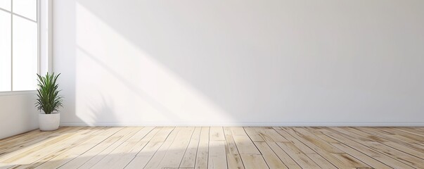 White walls and wooden floor with sunlight - obrazy, fototapety, plakaty