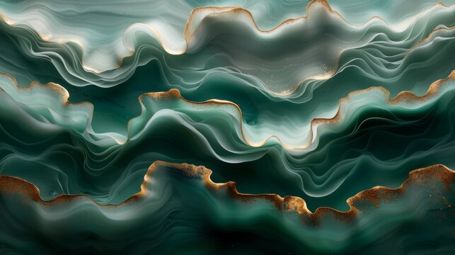  a close up of a painting of a wave of blue, green, gold, and white colors on a black background.