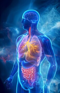 vertical slow motion of Anatomy Illustration of Human Internal illuminated Organs and Systems on blue background