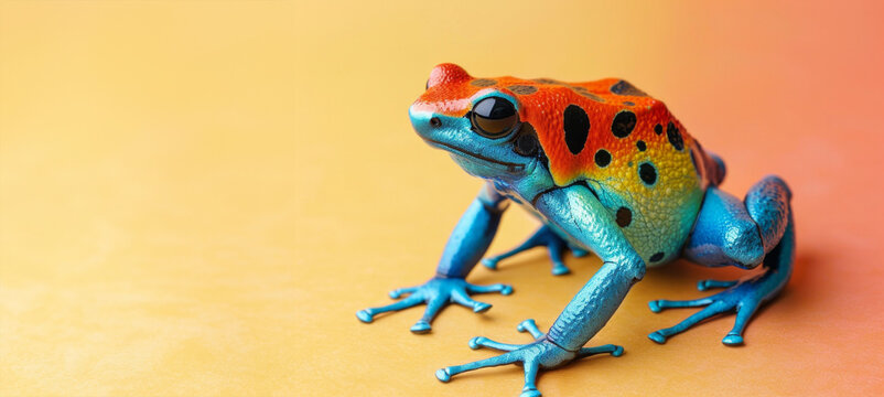 A frog with red eyes stands on a yellow and orange background. The frog is green and blue with orange spots. Creative animal concept, macro shot of poisonous frog over pastel bright background