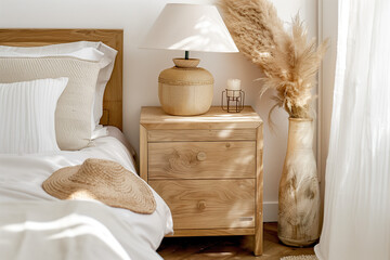 A beautiful wooden bedside table in the bedroom, with a lamp and vase on it, in a boho style, decorated in the style of pampas grass, white walls, daylight, natural light, clean and simple design.