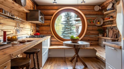 Rustic Kitchen Interior With Wood Cabinetry and Round Windows in Daylight. Kitchen with a round window. Kitchen with wood furniture. Solid wood furniture. Wooden house in the forest.