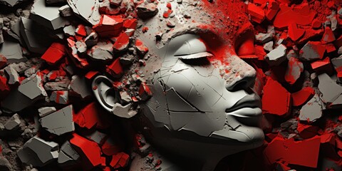 Grey statue face breaking apart with red splashes