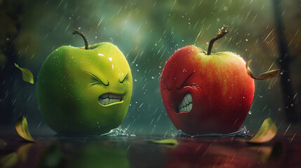 Grafika przedstawiająca dwa wyjątkowo ekspresyjne i kłócące się ze sobą jabłka, jedno zielone, drugie czerwone - obrazy, fototapety, plakaty