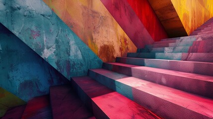 Vibrant abstract staircase with textured color blocks Generative AI image