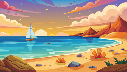 a serene seascape featuring a sea beach at sunset