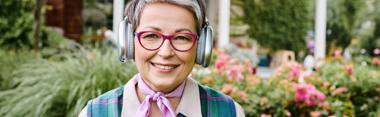 debonair jolly mature woman in stylish glasses posing with headphones and smiling at camera, banner