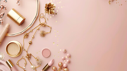 Luxury makeup and accessories on a soft pink background with gold accents. Feminine beauty and fashion concept. Design for cosmetics branding, glamour, and elegant style presentation. Flat lay composi
