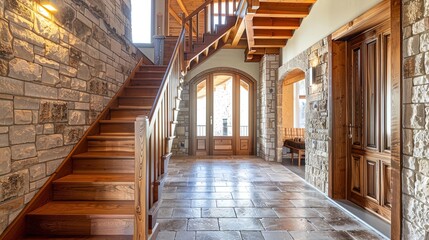 Rustic allure: Illuminated wooden stairs ascend alongside a timeless stone wall.