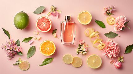 Perfume bottle surrounded by citrus fruits and pink flowers on a pastel background. Freshness and floral fragrance concept. Design for beauty, perfume branding, and spring advertising. Flat lay compos - obrazy, fototapety, plakaty