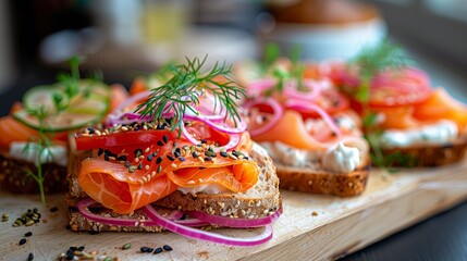 Morning Tranquility: A Scandinavian Breakfast Story an Open-Faced Sandwich - obrazy, fototapety, plakaty