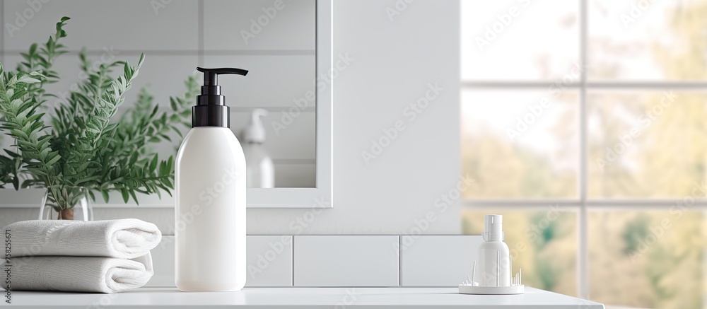 Canvas Prints A bathroom counter made of hardwood with a bottle of shampoo, towels, and a plant. The window above provides natural light, creating a serene atmosphere