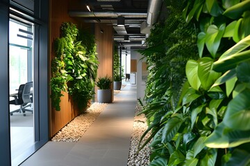 Modern office hallway with lush green living walls and minimalist design