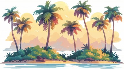 Cartoon illustration of an island with palm trees