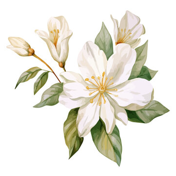 Watercolor Painting Graphic of jasmine flower, isolated on a white background, Illustration clipart, Drawing & Vector.