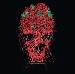 Vintage, Distressed, Masculine, Gothic, Horror, Red Colored Skull Flower And Coffin Metal T-shirt Design Clothing And Apparel Vector Illustration Art On Black Background