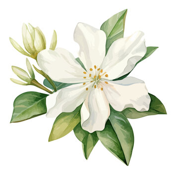 Watercolor Painting Illustration of a jasmine flower with leaves, isolated on a white background, Graphic art Illustration clipart, Drawing and Vector