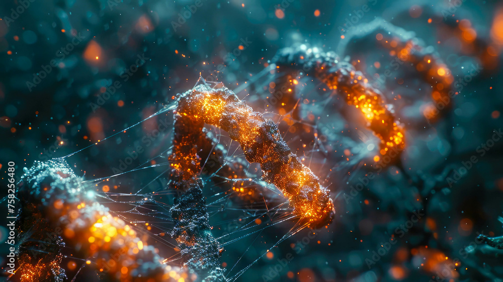 Poster abstract technology dna with rain drops. macro. futuristic background with glowing particles