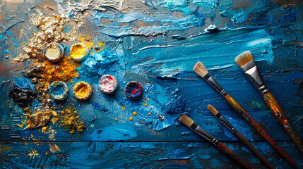 Paint brushes and palette with blue and yellow paint on wooden surface