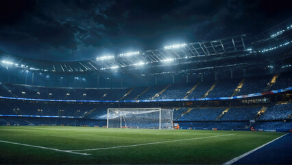 a large football stadium with bright lights at night - obrazy, fototapety, plakaty