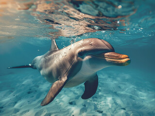 A dolphin holding a beer bottle while swimming in the ocean. - obrazy, fototapety, plakaty
