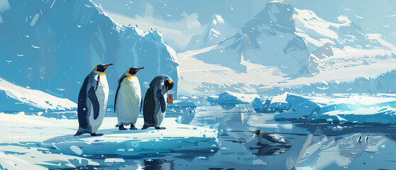 A group of penguins sharing a beer on an icy glacier. - obrazy, fototapety, plakaty