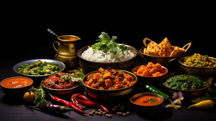 Group of Assorted Indian dishes including Chiwda, Paratha, Dal Makhani, Palak Paneer, Kachori, Nachos - obrazy, fototapety, plakaty
