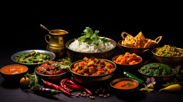 Group of Assorted Indian dishes including Chiwda, Paratha, Dal Makhani, Palak Paneer, Kachori, Nachos