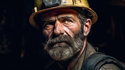 Professional Miner: Elderly Worker with Safety Helmet - obrazy, fototapety, plakaty
