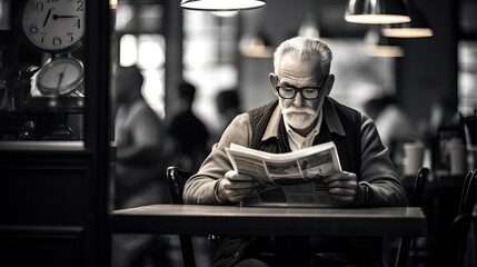 Obraz premium Vintage Cafe Moment: Elderly Man Reading Newspaper