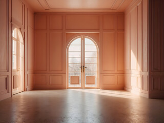 Peach fizz-colored interior, empty room with door, lots of sunlight. Minimalistic contemporary concept design.