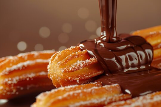 delicious freshly made churros with pouring chocolate over them, pastel brown solid color background