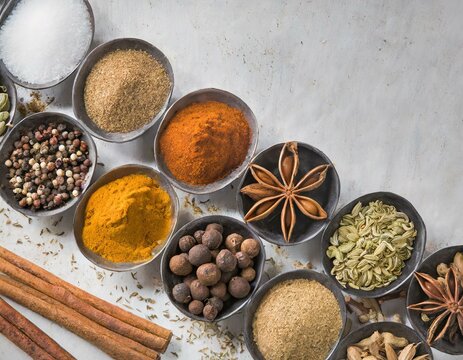 Gew&uuml;rze, Salz, Pfefferk&ouml;rner, Curry, Piment, Muskat, K&uuml;mmel, Sternanis, Kardamon,Zimt Nelke,