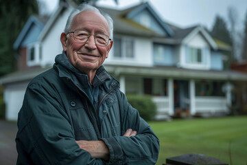 Elderly man outdoors with house in background smiling

 - obrazy, fototapety, plakaty