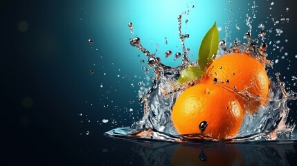 Orange fruit and water splash on bokeh background
