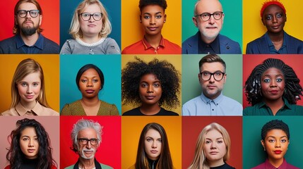 20 people with different ages and group around the world head shot talking live in single image on colorful background 