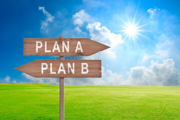 Illustration depicting a sign post with directional arrows containing a choices concept. Plan A or Plan B concept.