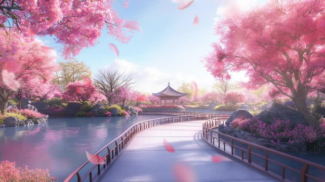 Pink Japanese garden with clear sky, beautiful view 4k quality anime video recording