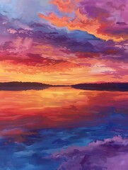 Fototapeta na wymiar Colorful Sunset Oasis: A Tranquil Oil Painting of a Serene Lake Reflecting Vibrant Hues