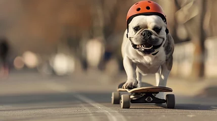 Fotobehang French Bulldog Riding Skateboard in City Park Wearing Helmet © Mickey
