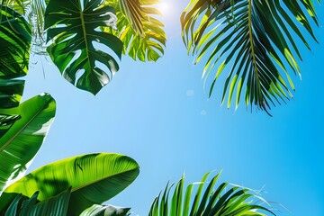 Summer Vacation in a Lush Tropical Paradise: Blue Sky with Swaying Palm Leaves - obrazy, fototapety, plakaty